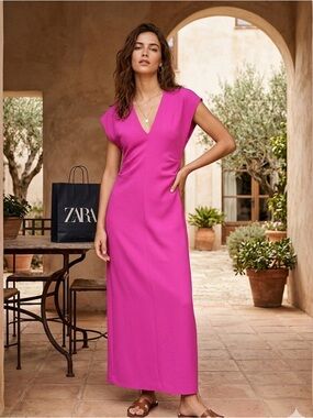 Zara Bright Fuchsia V‑Neck Maxi Dress